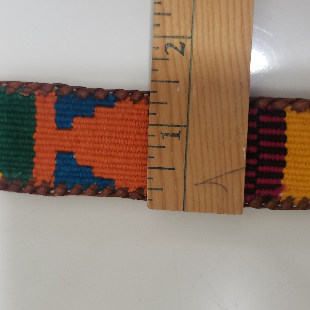Vintage Guatemalan Handmade Whipstitch Leather and Woven Textile Belt - Picture 6 of 6